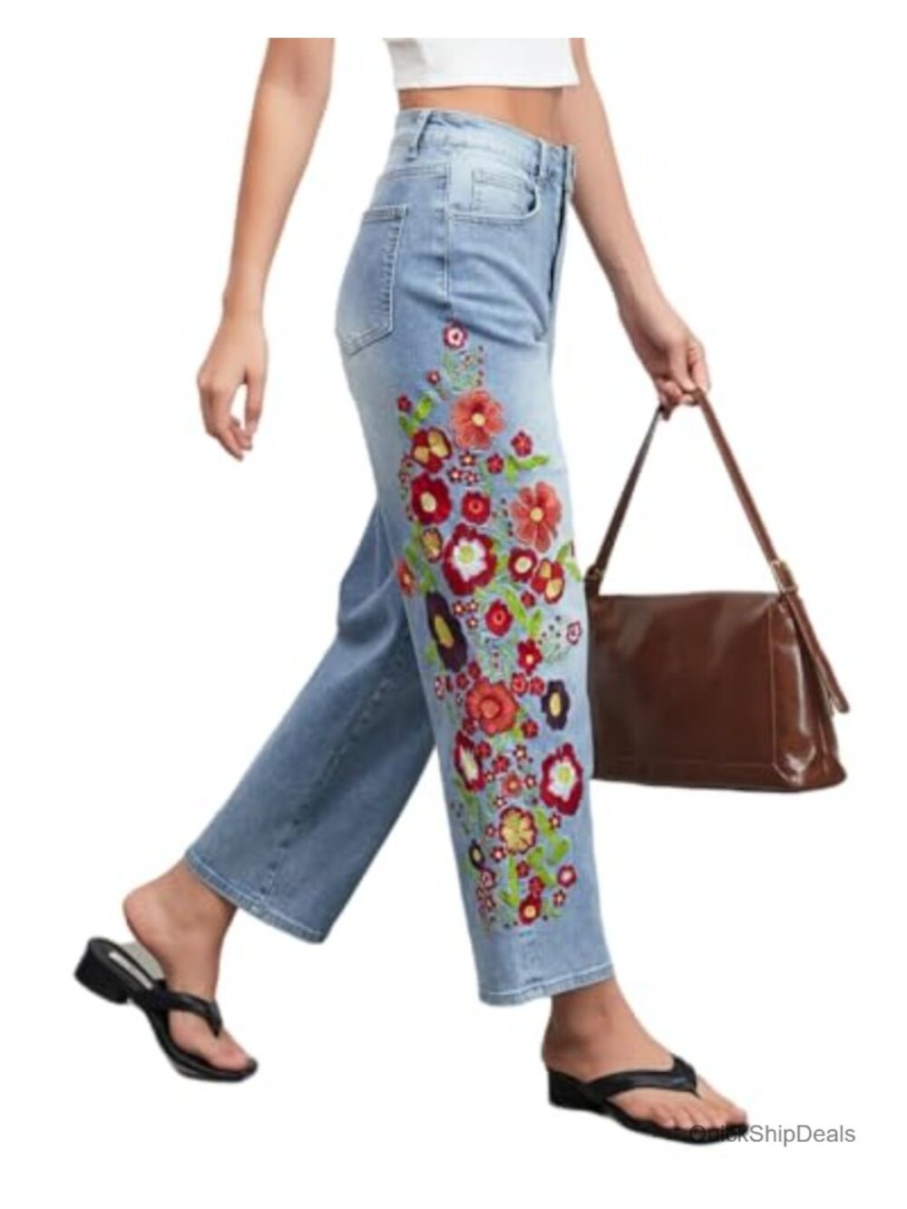 Women's Cropped Jeans Mid Rise Floral Print Boho Casual Denim Ankle Pants